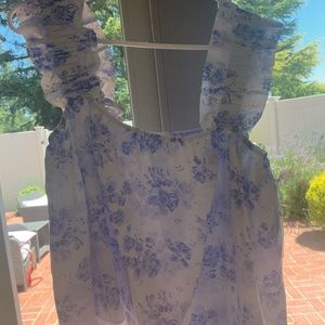 Adorable blousy ruffle tank. Size Med. White w/ periwinkle flowers.